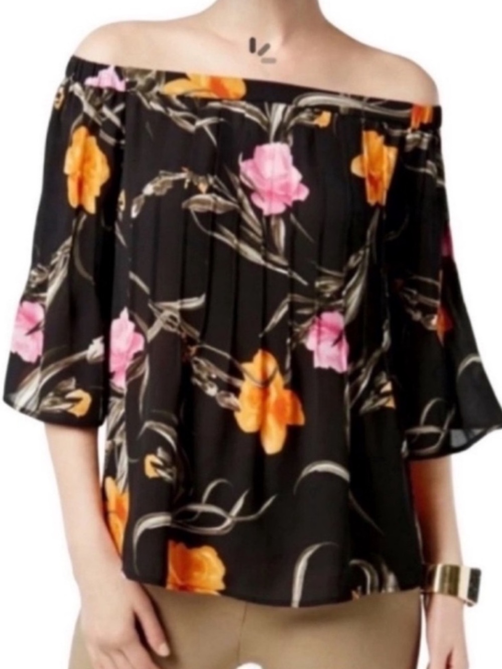 INC International Concepts Floral Blouse Off the Shoulder Black Multi Size M
